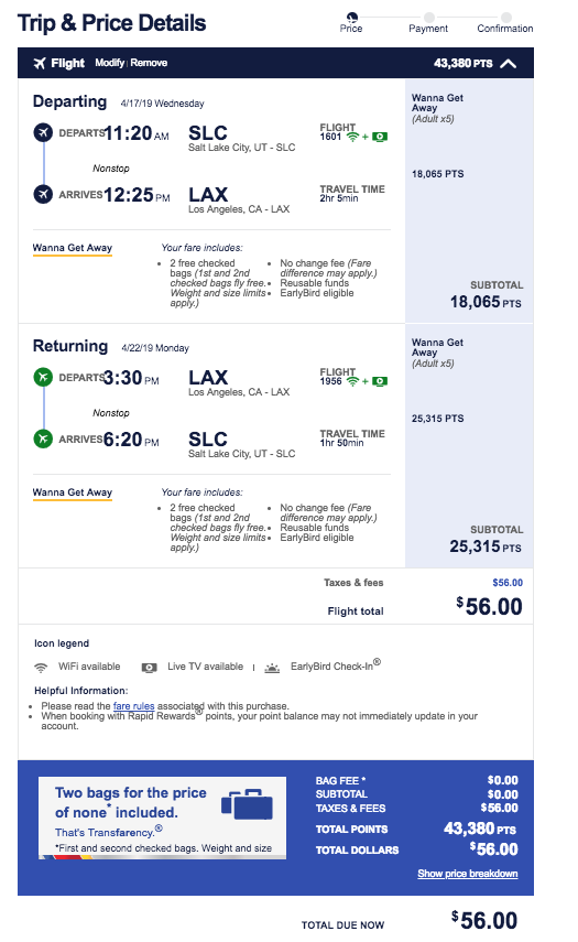 Screen shot of Southwest flights to LAX