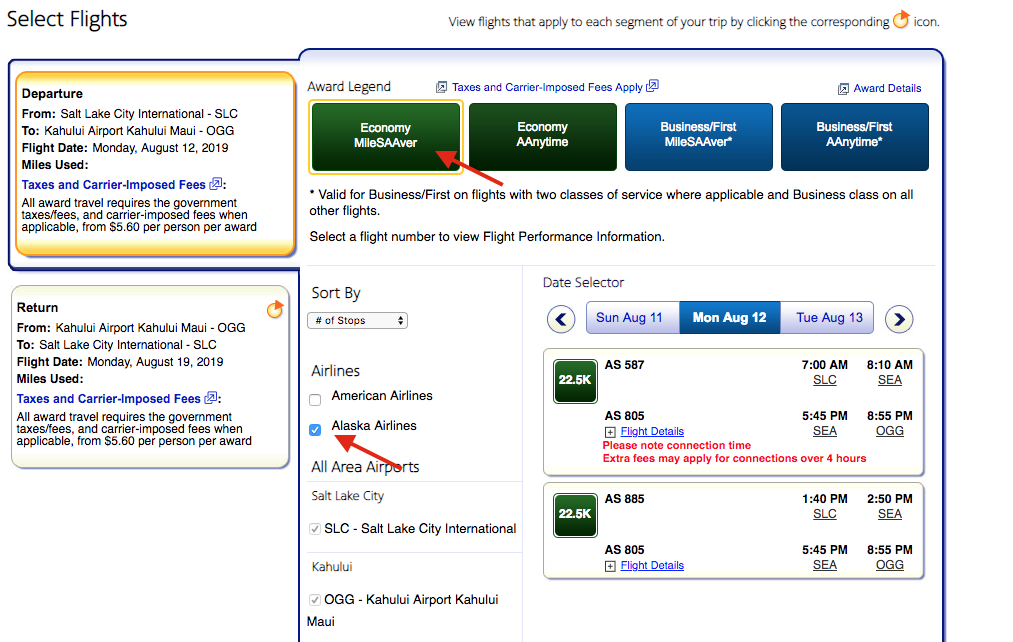 Screenshot on AA.com showing how to search for and Alaska Airlines flight. Fly to Hawaii on points.