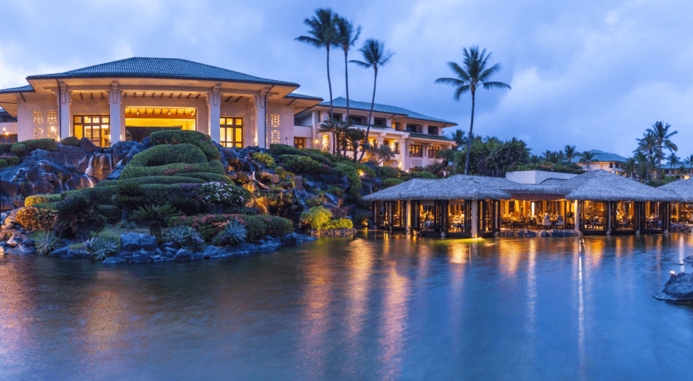 Back of the Grand Hyatt Hotel in Kauai at dusk