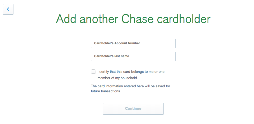 Screenshot showing how to fill out the form to add another Chase cardholder to your account.