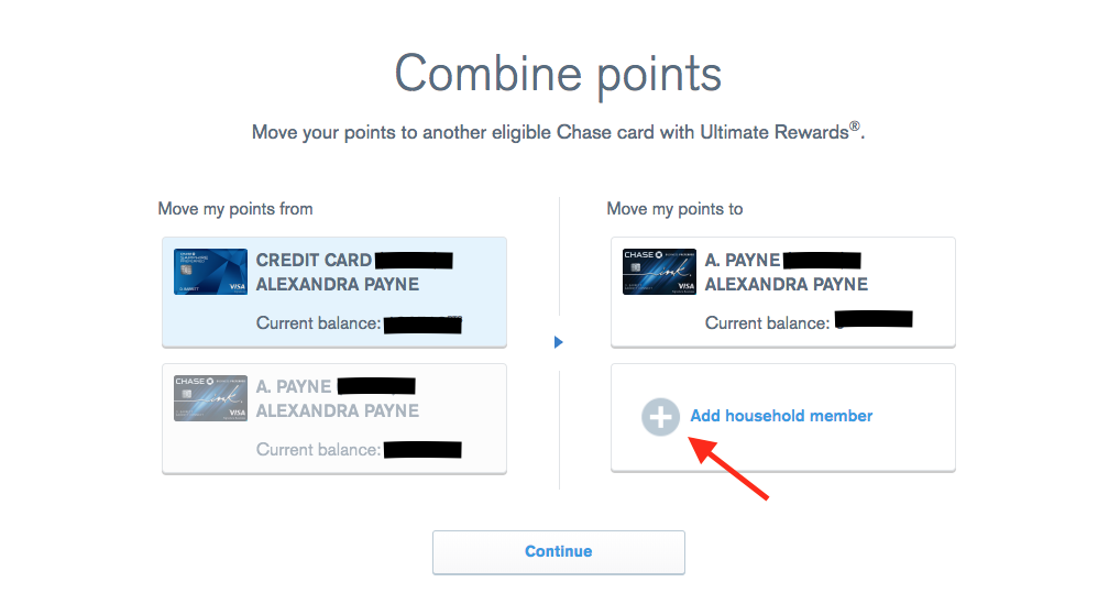 Ultimate Rewards webpage showing were to click to add a household member's card so you can transfer points to it.