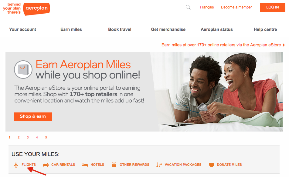 A screenshot showing how to search for an award flight on Aeroplan site.