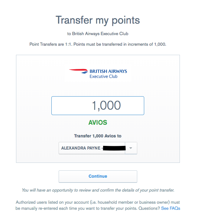 Screen shot showing how to enter the number of points you want to transfer to British Airways