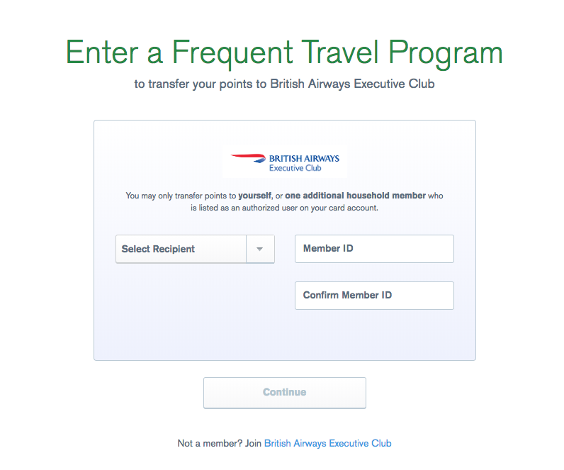 Screenshot showing how to enter frequent flyer info for British Airways to transfer Ultimate Rewards