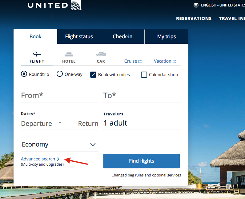 Screenshot showing how to do an advanced search on United.com for free flights to Hawaii on points