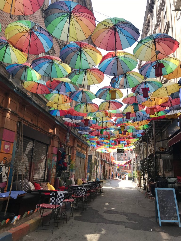 umbrellas on roof of street