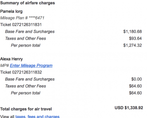 Price breakdown of ticket to Hawaii on airline