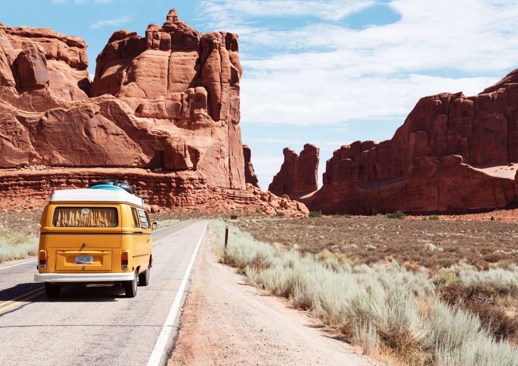 Van on desert road
