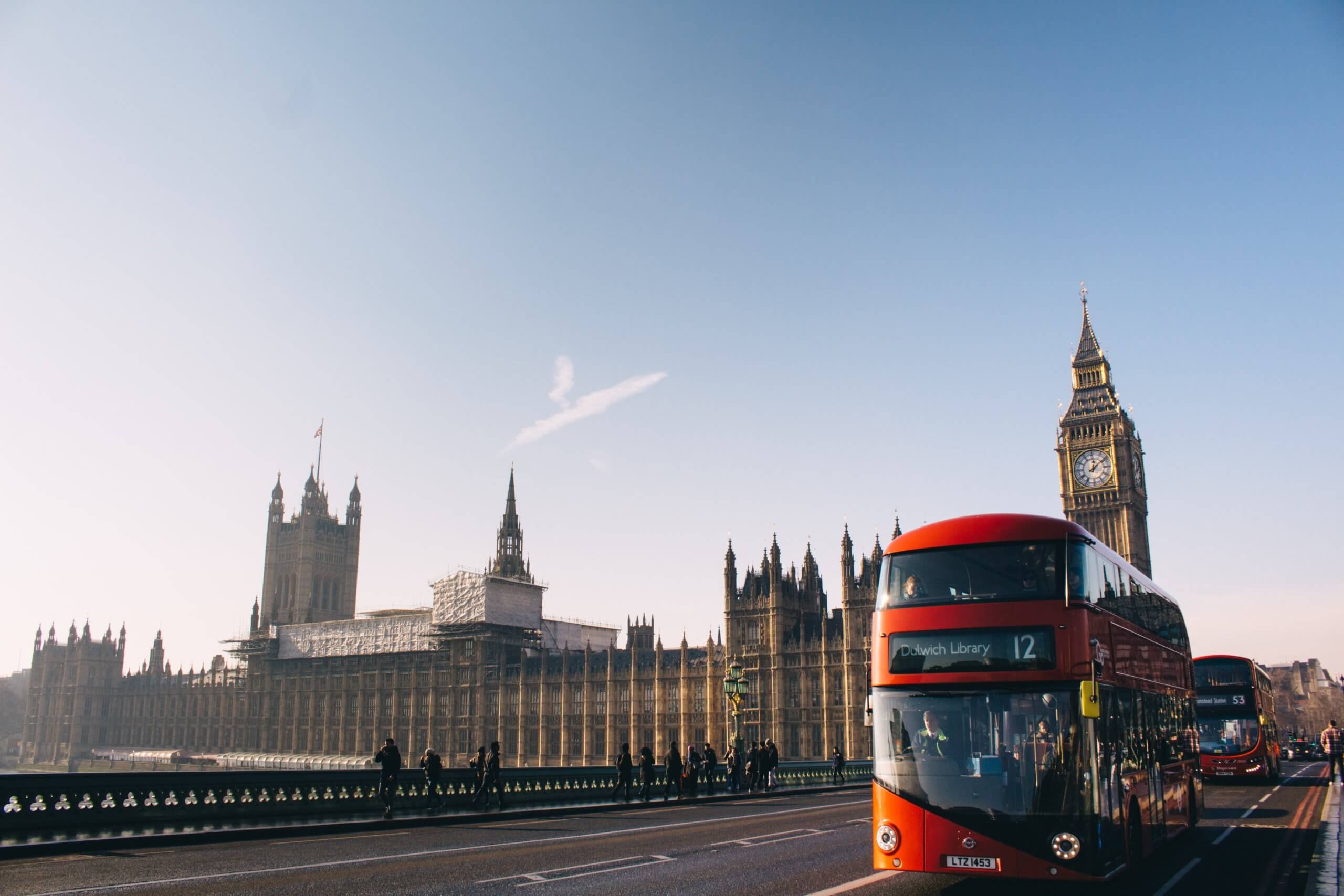 Double decker bus by Parliament in London, England