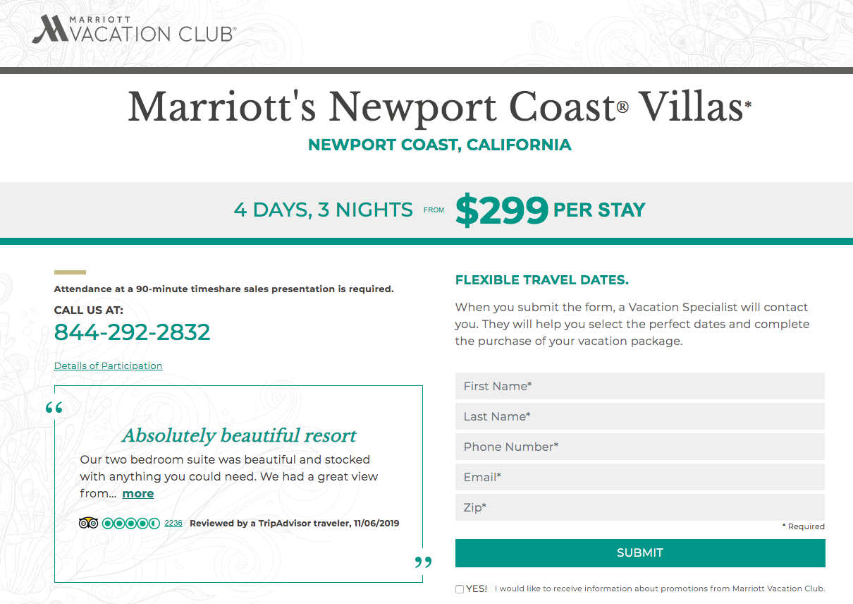 Marriott Newport Coast Villas timeshare presentation offer information