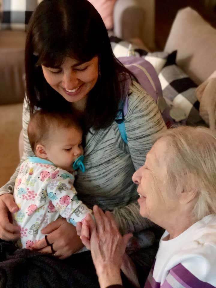 Mother and baby meeting great grandmother by using credit card points