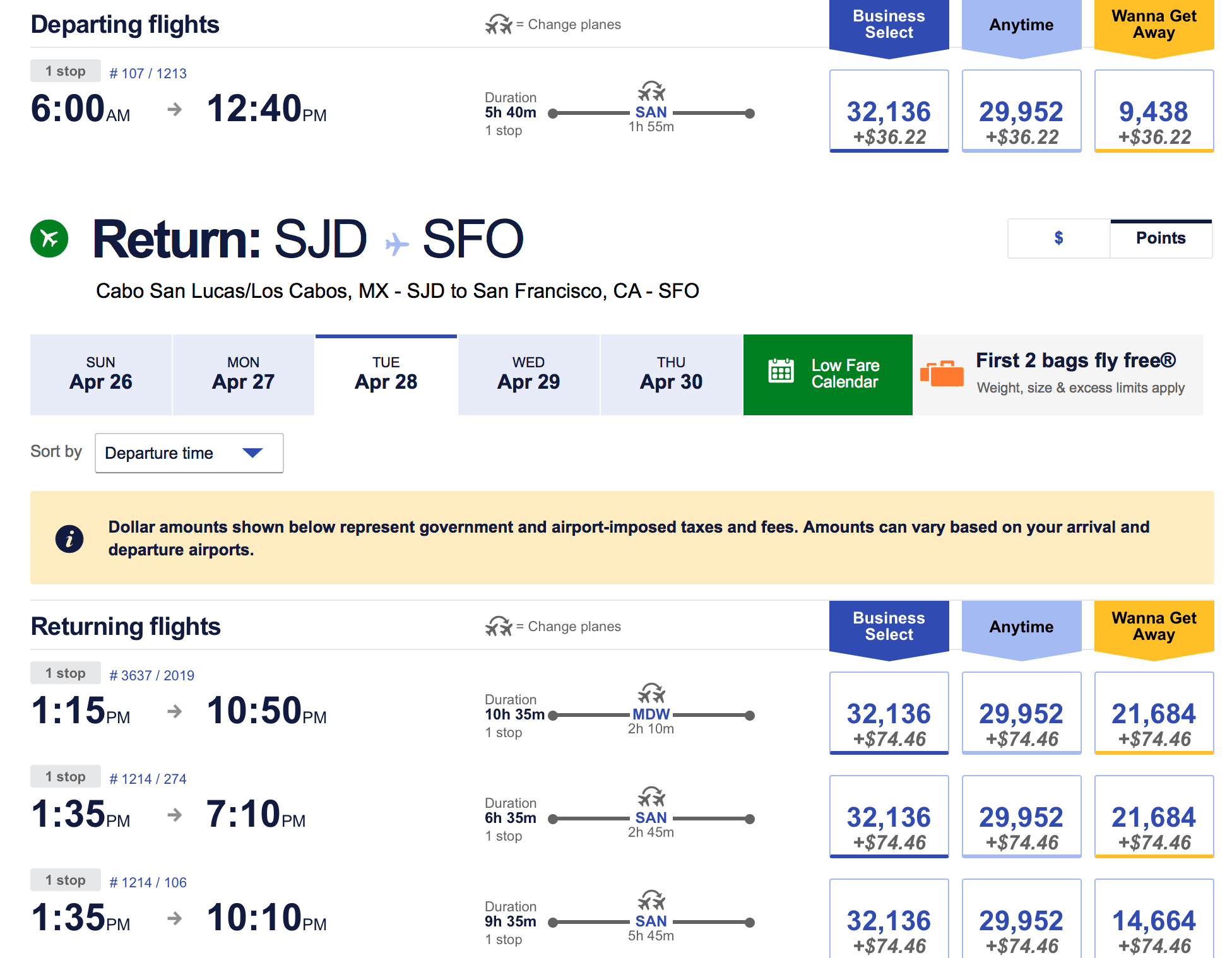 Screenshot of Southwest Airlines Redemption Chart