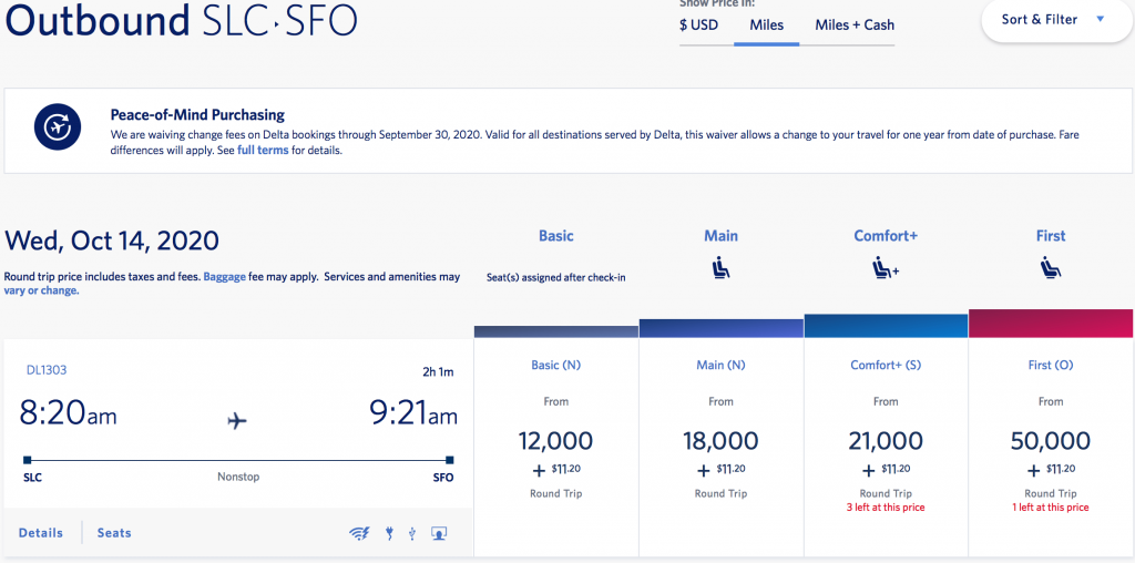 Screenshot of Delta flight award travel SLC-SFO
