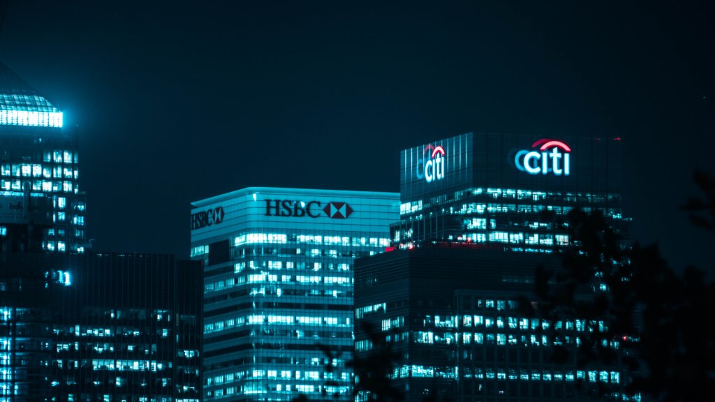 Banks lit up at night
