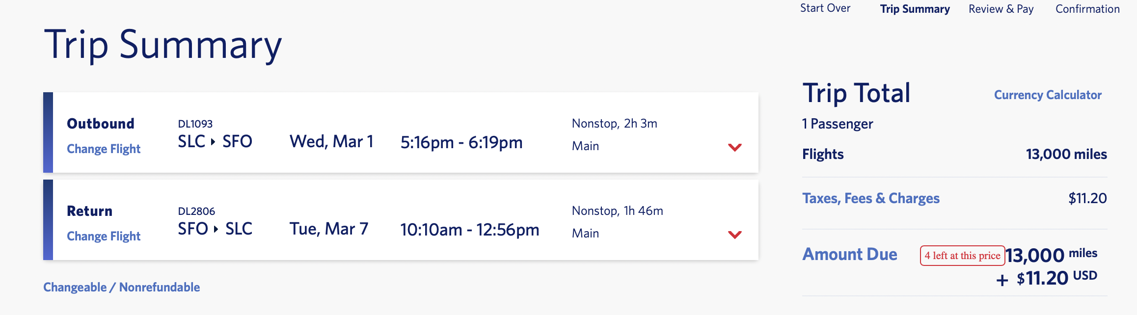 Screenshot award flights to San Francisco