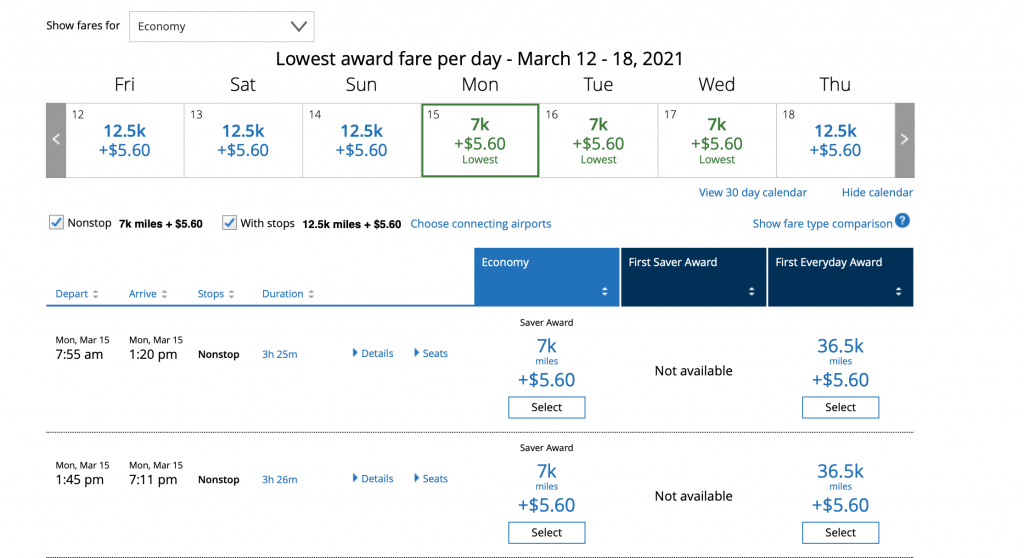 Screenshot of United Airlines award redemption