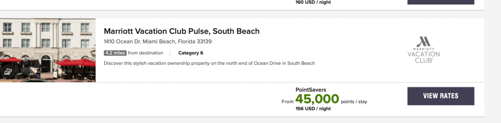 Screenshot of Marriott Hotel in Miami award points cost