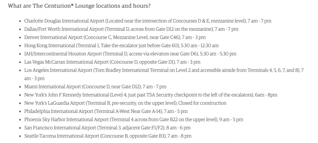 Screen shot of American Centurion Lounges and times open