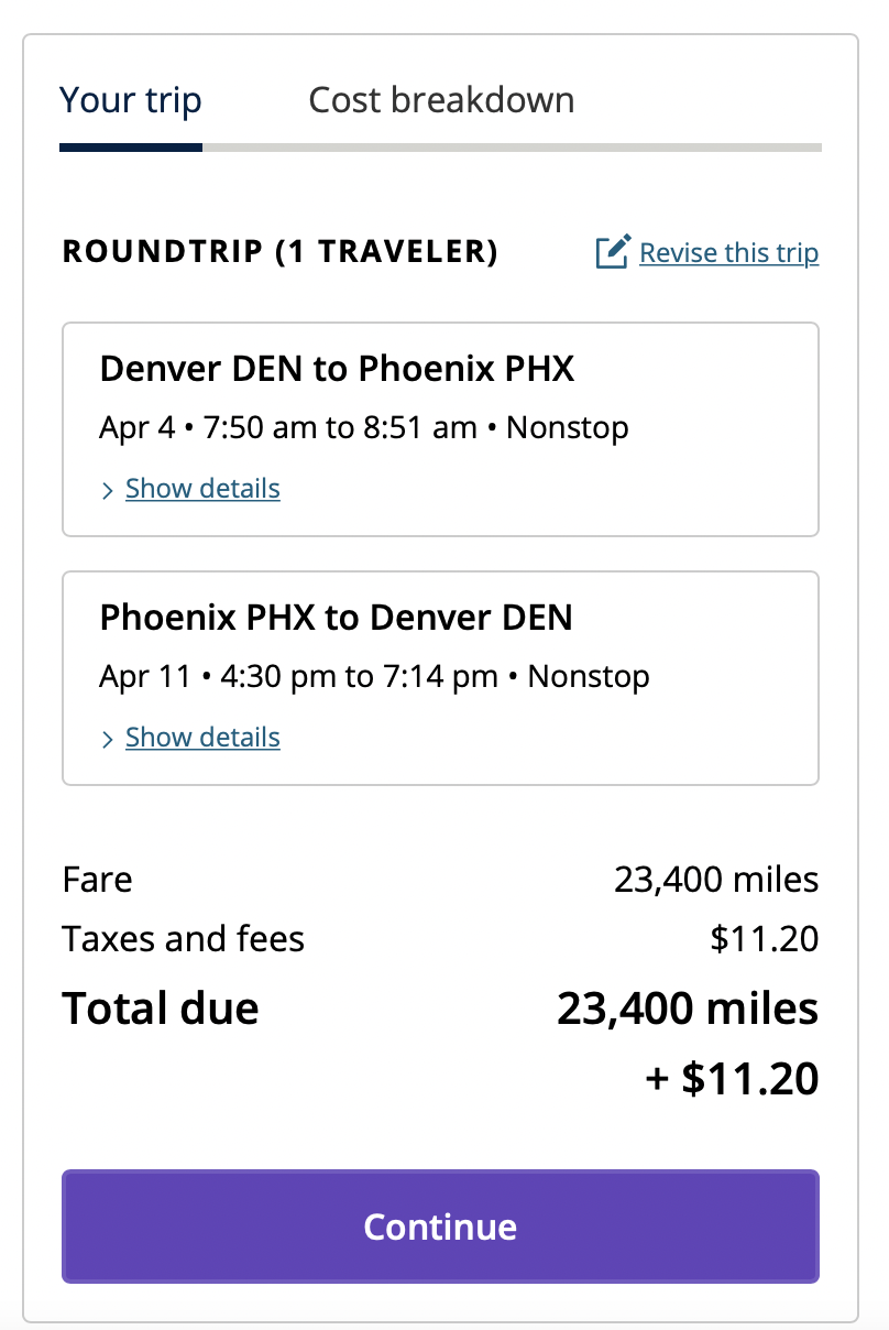 Screenshot of cost in miles of flight to Phoenix