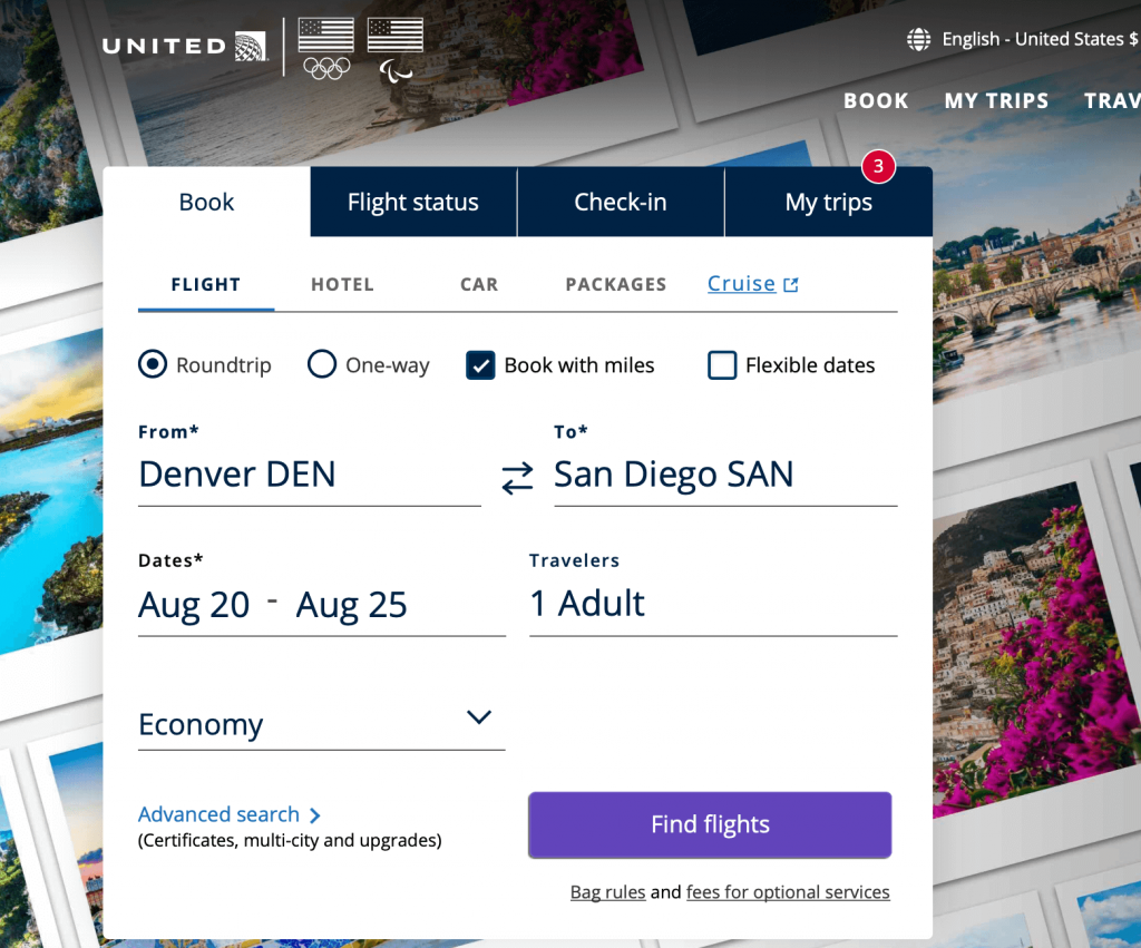 Screenshot of United booking search