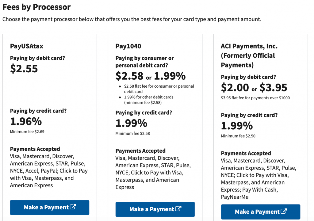 Screenshot of IRS sites that let you pay taxes with credit card.