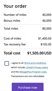 Screenshot of United Miles purchase