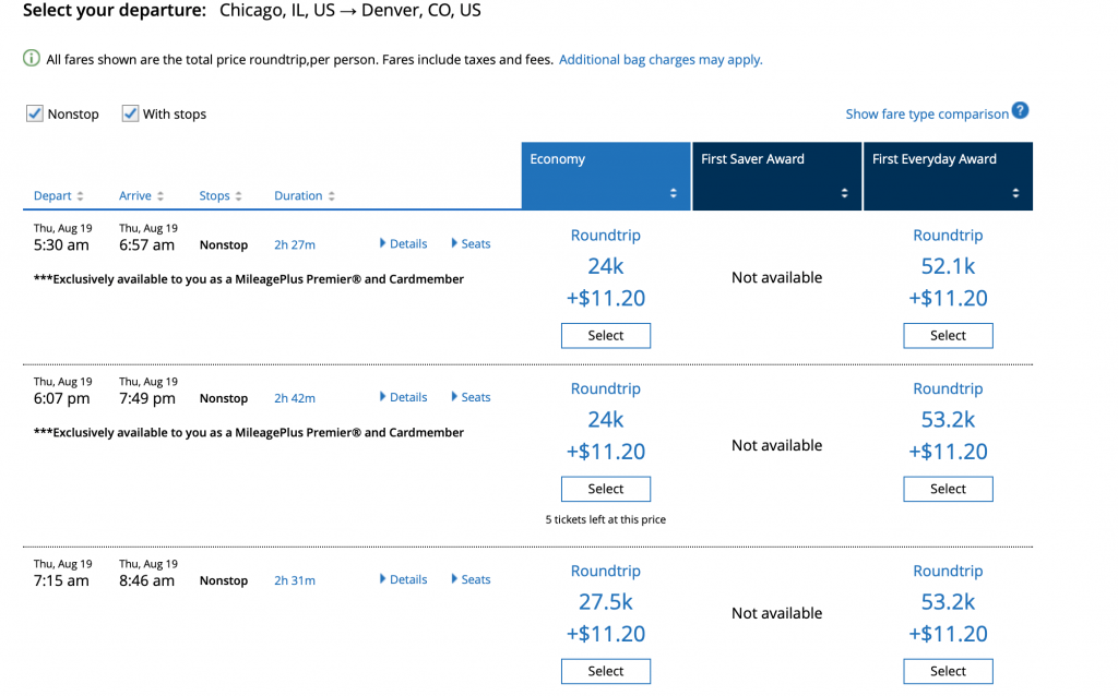 Screenshot of United Award flight options to Denver