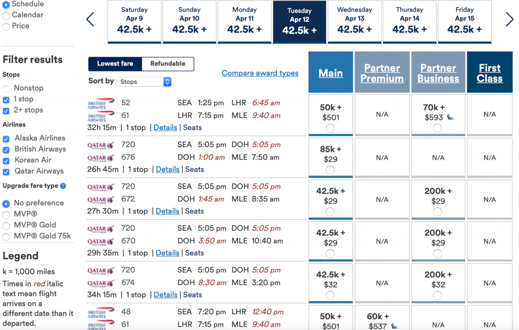 Screenshot Alaska Airlines reward flights