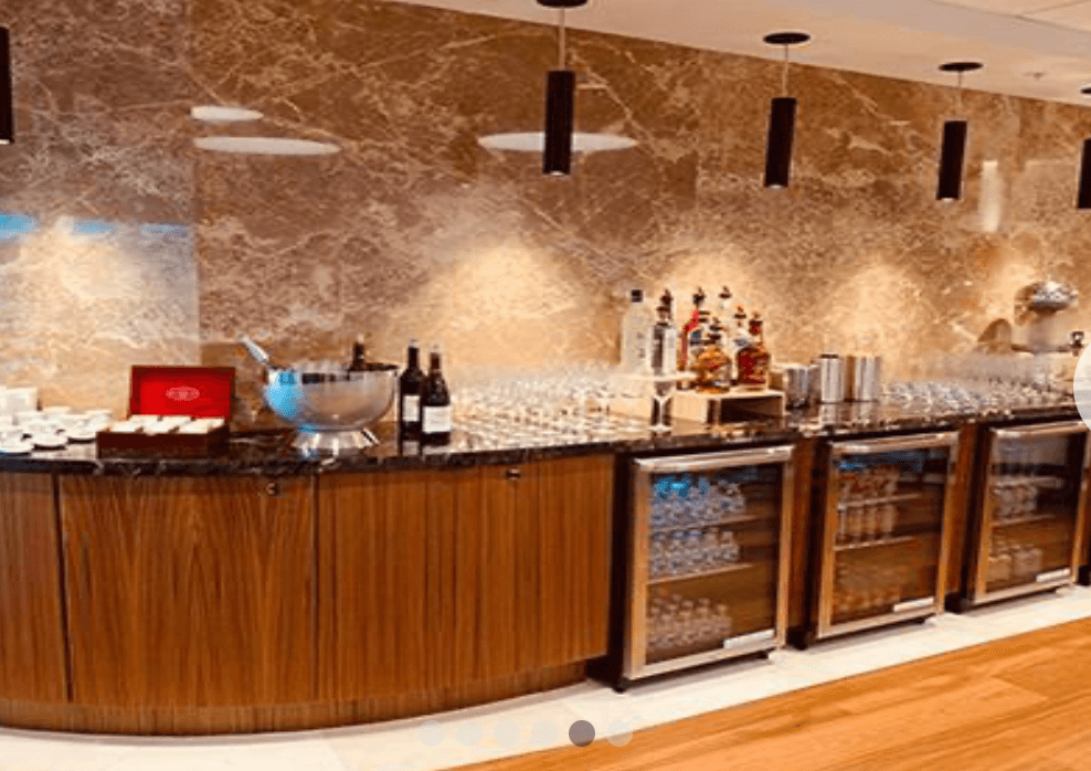 Food and beverages on counters in airport lounge