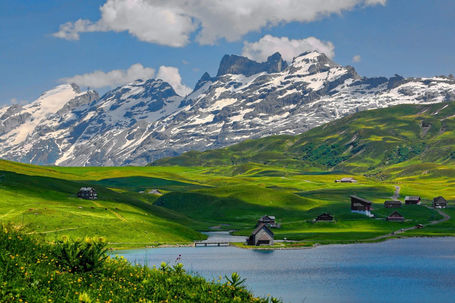 Snow covered mountains with green grass and blue water