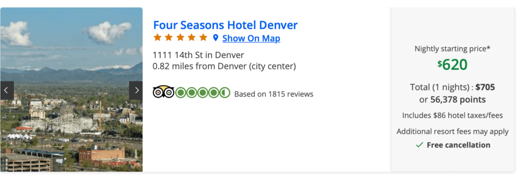 Screenshot of using Chase Points to book Four seasons Denver