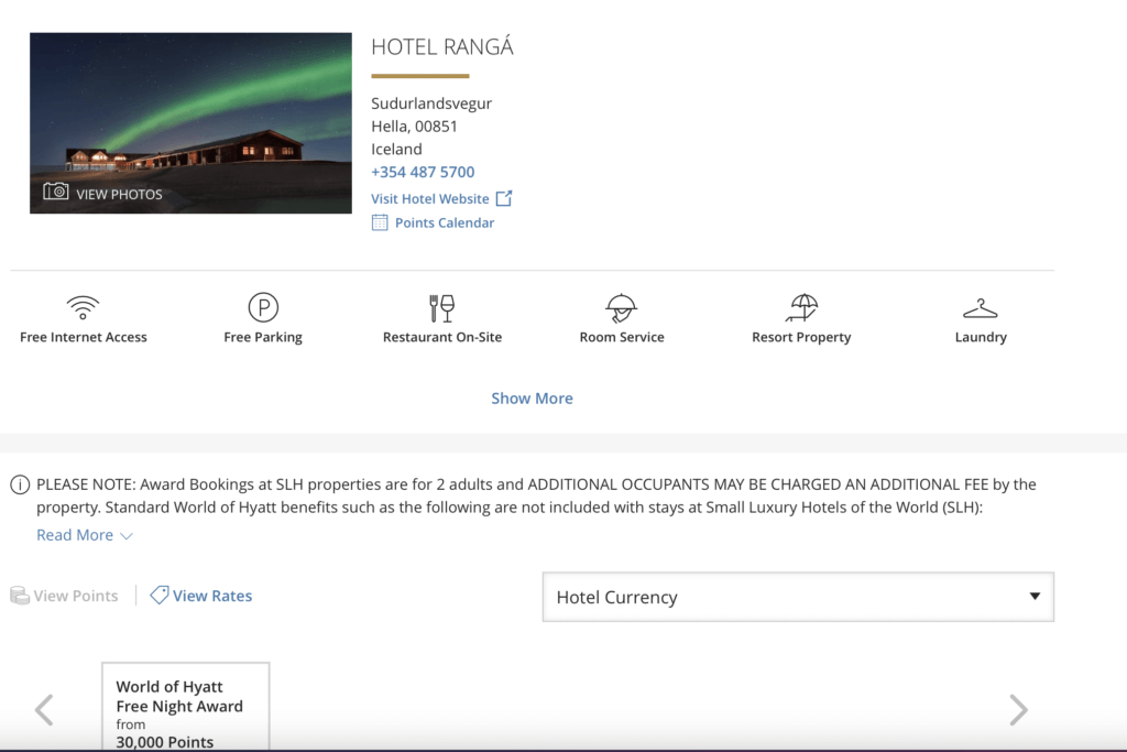 Screenshot of Iceland Hotel Cost in Points