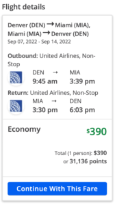 Screenshot airline flight prices