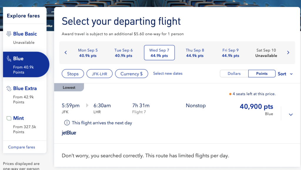 Screenshot JetBlue award flights to London