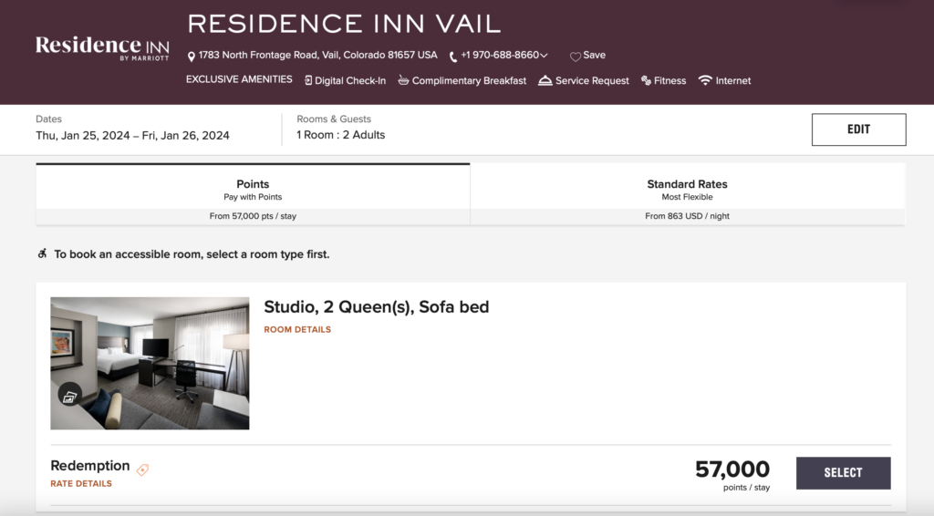 Screenshot Vail Residence Inn award prices