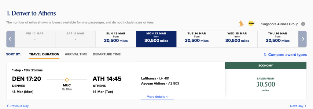 Screenshot Award Flight Singapore Airlines