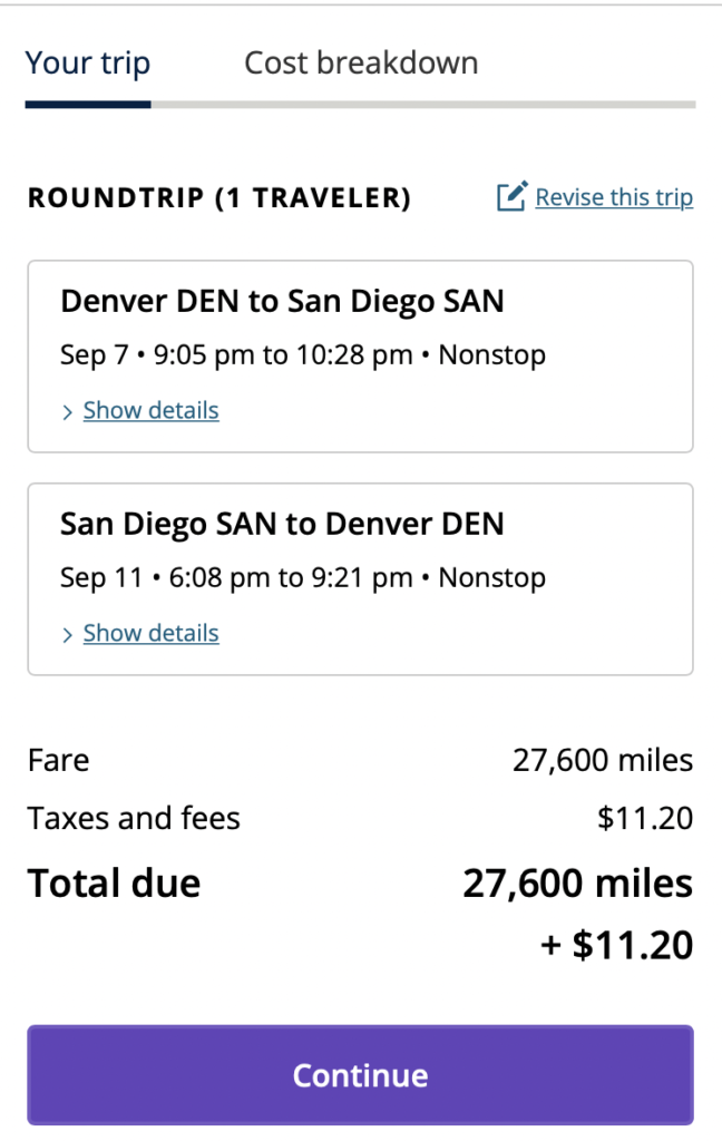 Screenshot of United airline ticket costs
