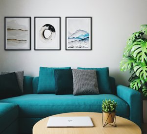 Turquoise couch and brown table