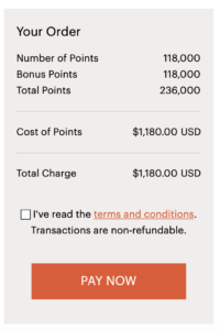 Screenshot purchasing points cost IHG