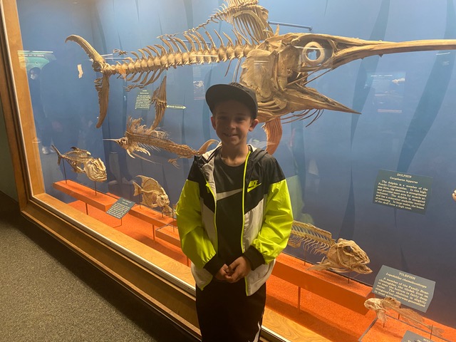 Boy standing in front of animal skeleton