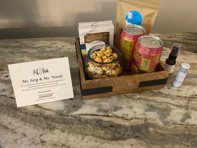 Juice and treats with note from hotel