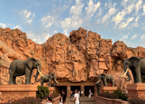 Elephant statues in front of red rocks
