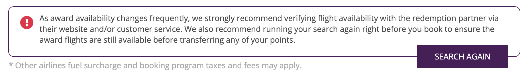 Screenshot on AwardLogic about booking