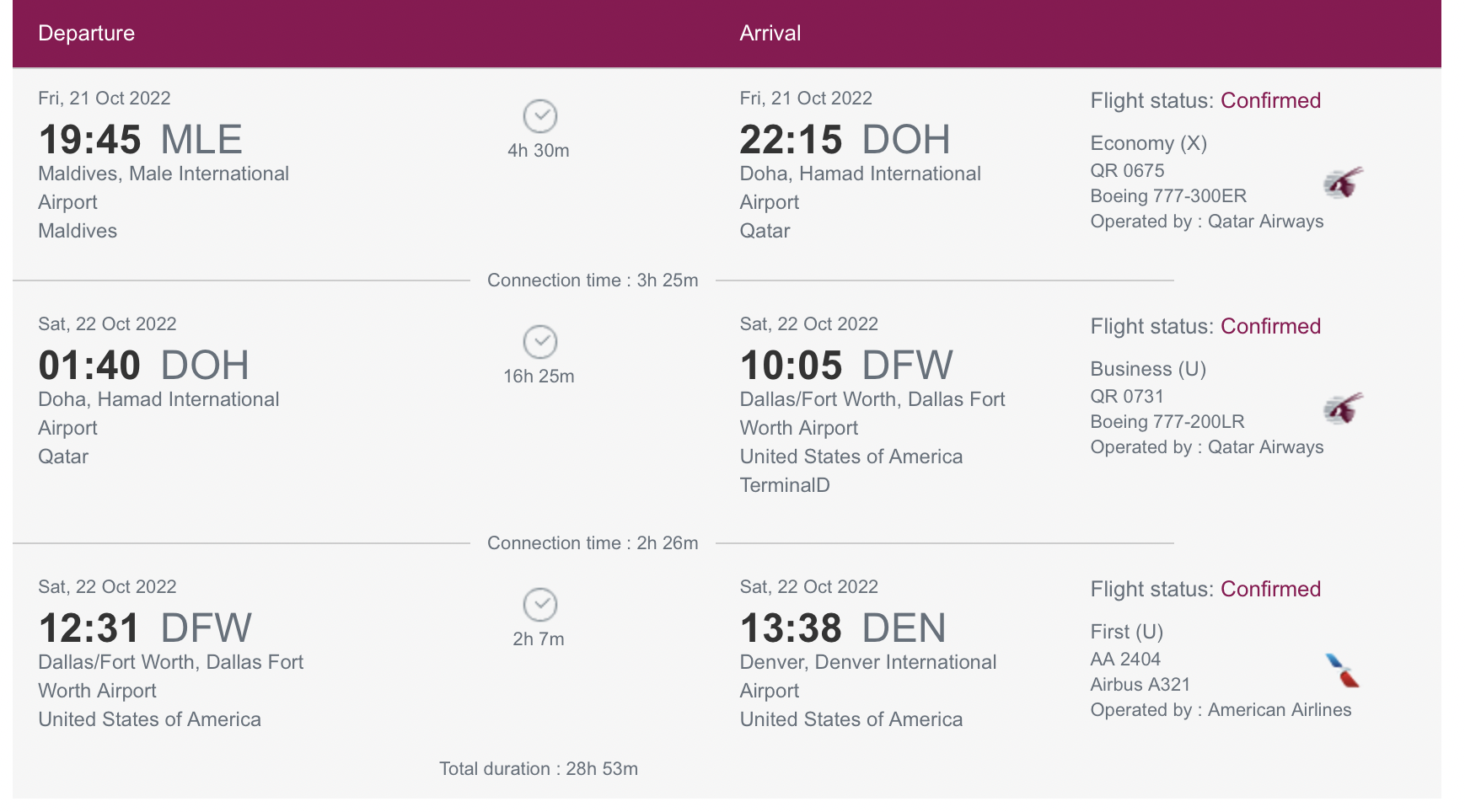 Qatar Flights from Male to Denver itinerary