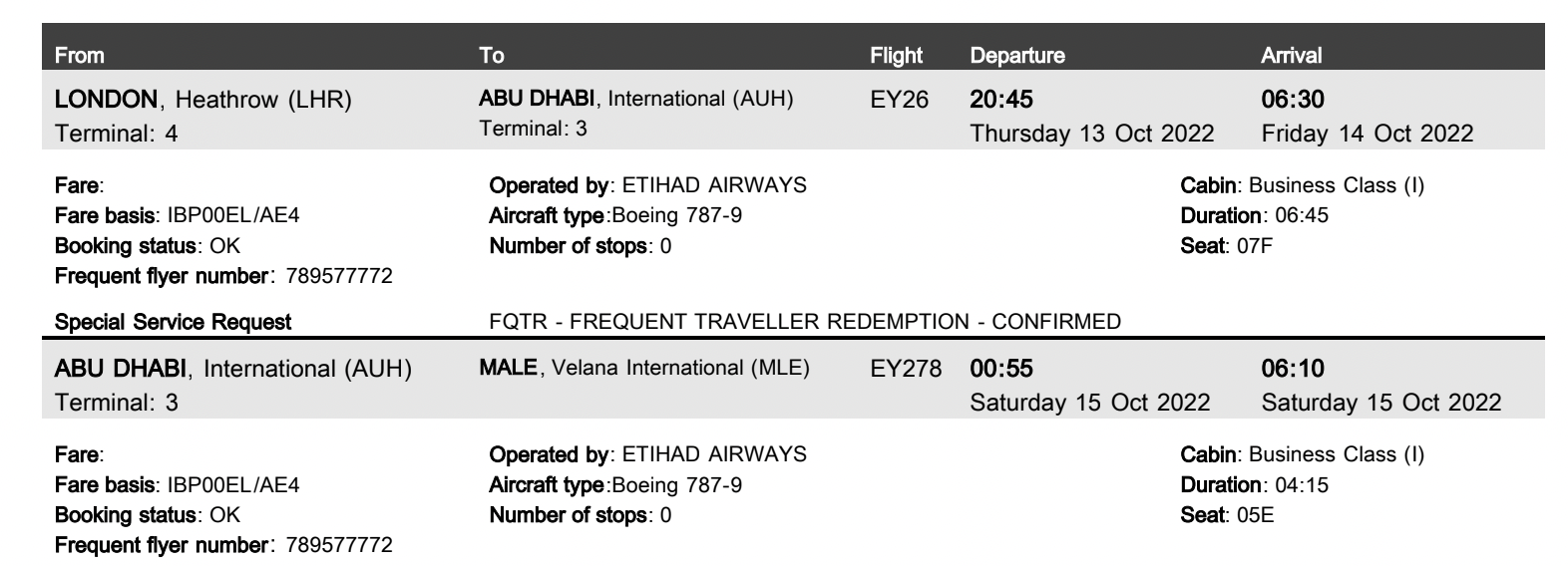 Screenshot flight itinerary