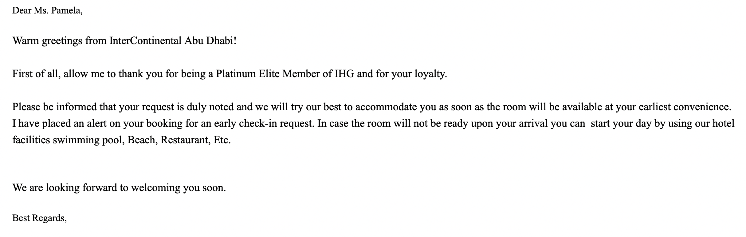 Screenshot letter about early checkin