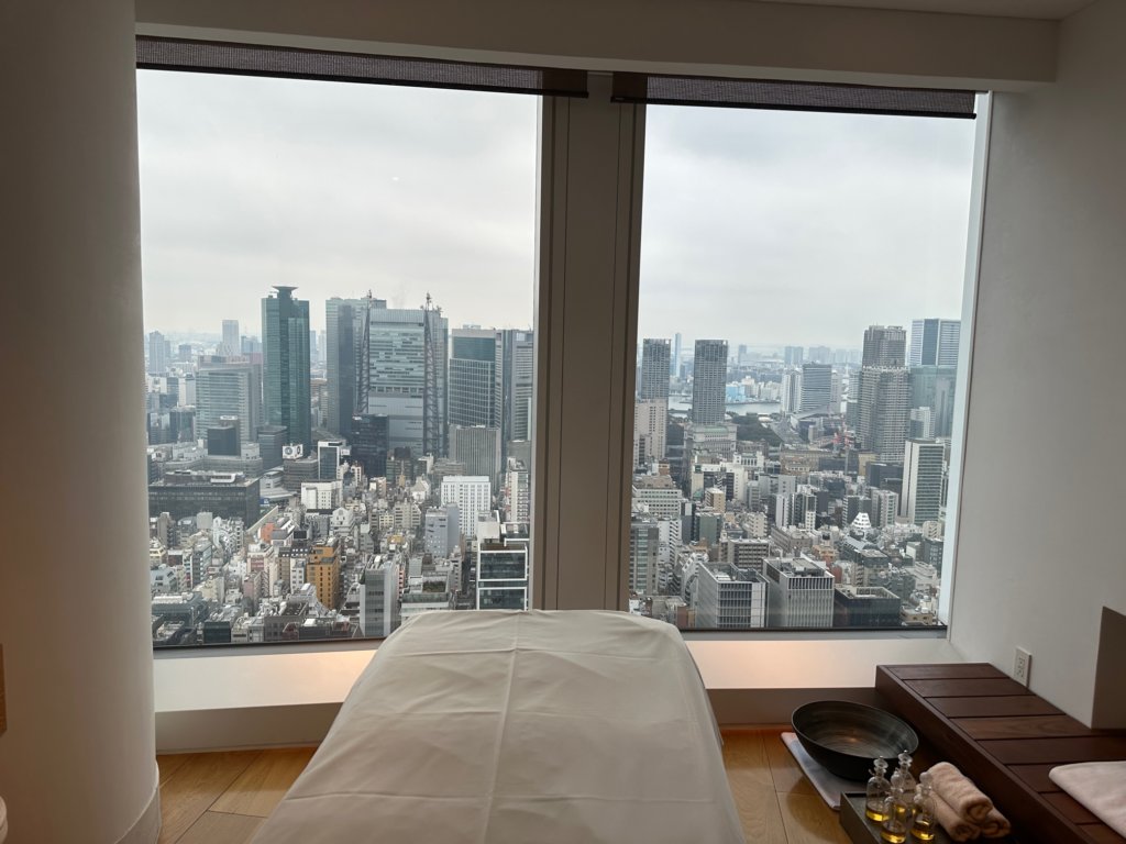 Spa room with view of large city skyscrapers.