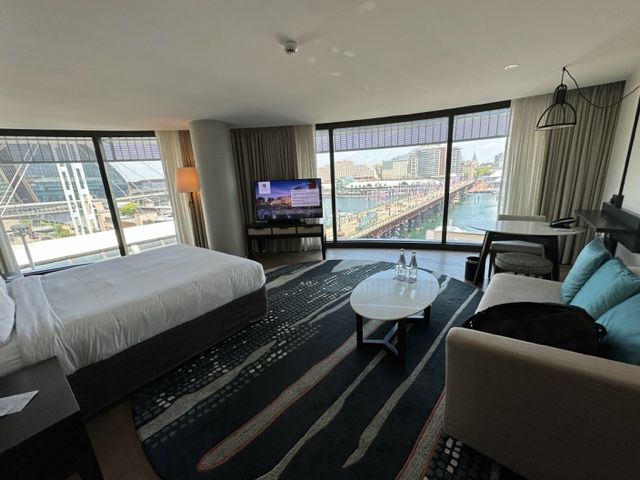 Hotel room with view of harbor and bridge