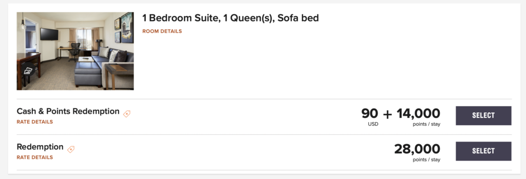 Screenshot of hotel room award pricing