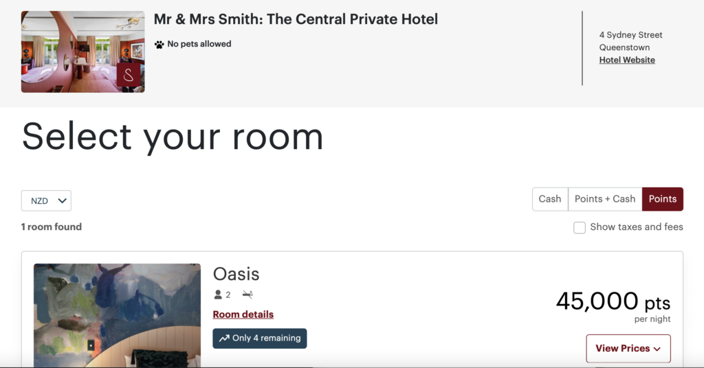 Screenshot of hotel cost in points
